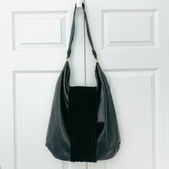 MARGOT Black Leather Suede Fringe Hobo Shoulder Bag Purse - Picture 3 of 11